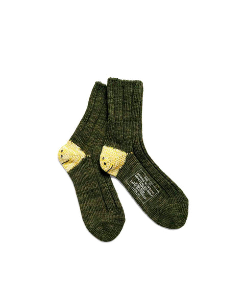 KAPITAL-56 YARNS MA-1 HEEL SMILIE SOCKS-GREEN-EK1582SX